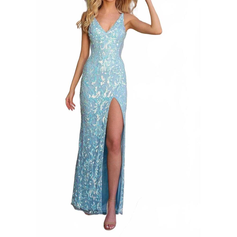 NEW PRIMAVERA embellished v-shaped open back prom dress in crystal blue